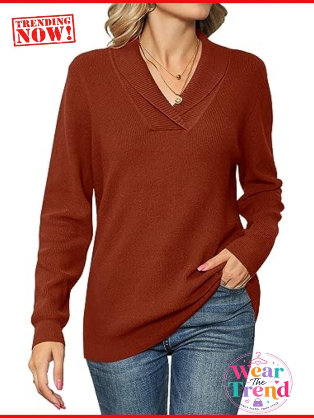 Women's V-Neck Long Sleeve Knit Pullover Sweater Collared Casual